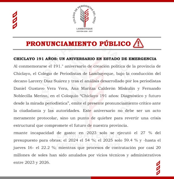 Pronunciamiento Público: Chiclayo 191 años: un aniversario en estado de emergencia